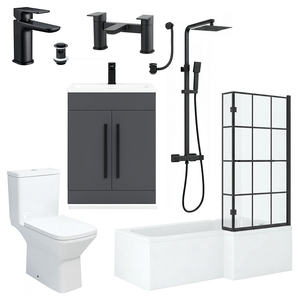 1600mm RH L-Shape Shower Bath Suite with Black Grid Screen & Grey Vanity