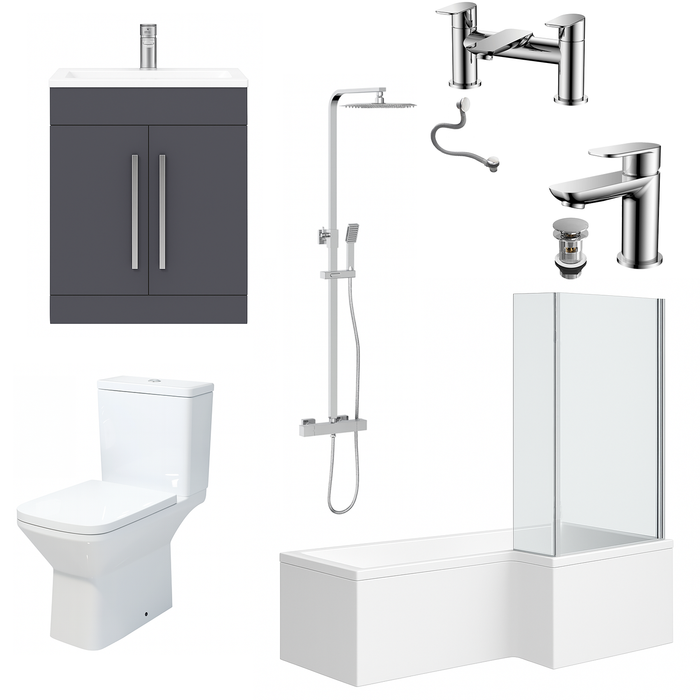 Bathroom fixtures including a toilet, sink, shower system, and cabinet on a white background