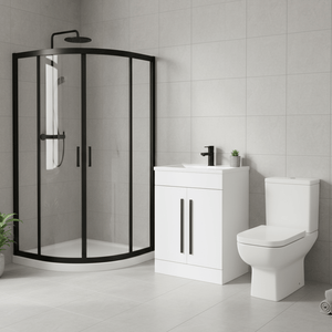  Matt Black Quadrant Shower Enclosure Suite with Gloss White 600mm Vanity & Toilet