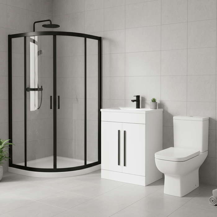  Matt Black Quadrant Shower Enclosure Suite with Gloss White 600mm Vanity & Toilet