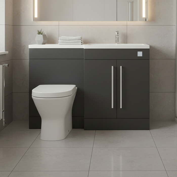 Matt Grey (RH) Combination Basin WC Unit & Marbella BTW Toilet 1100mm Black Handles & Square Flush Plate