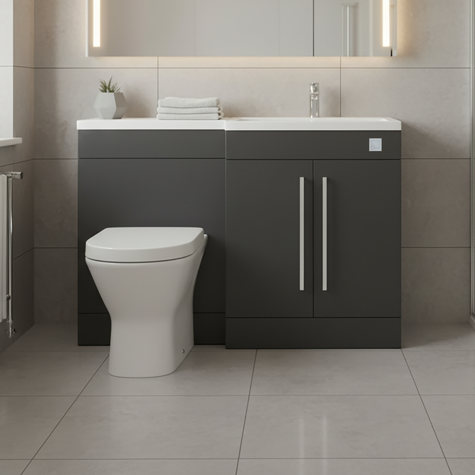 Matt Grey (RH) Combination Basin WC Unit & Marbella BTW Toilet 1100mm Black Handles & Square Flush Plate