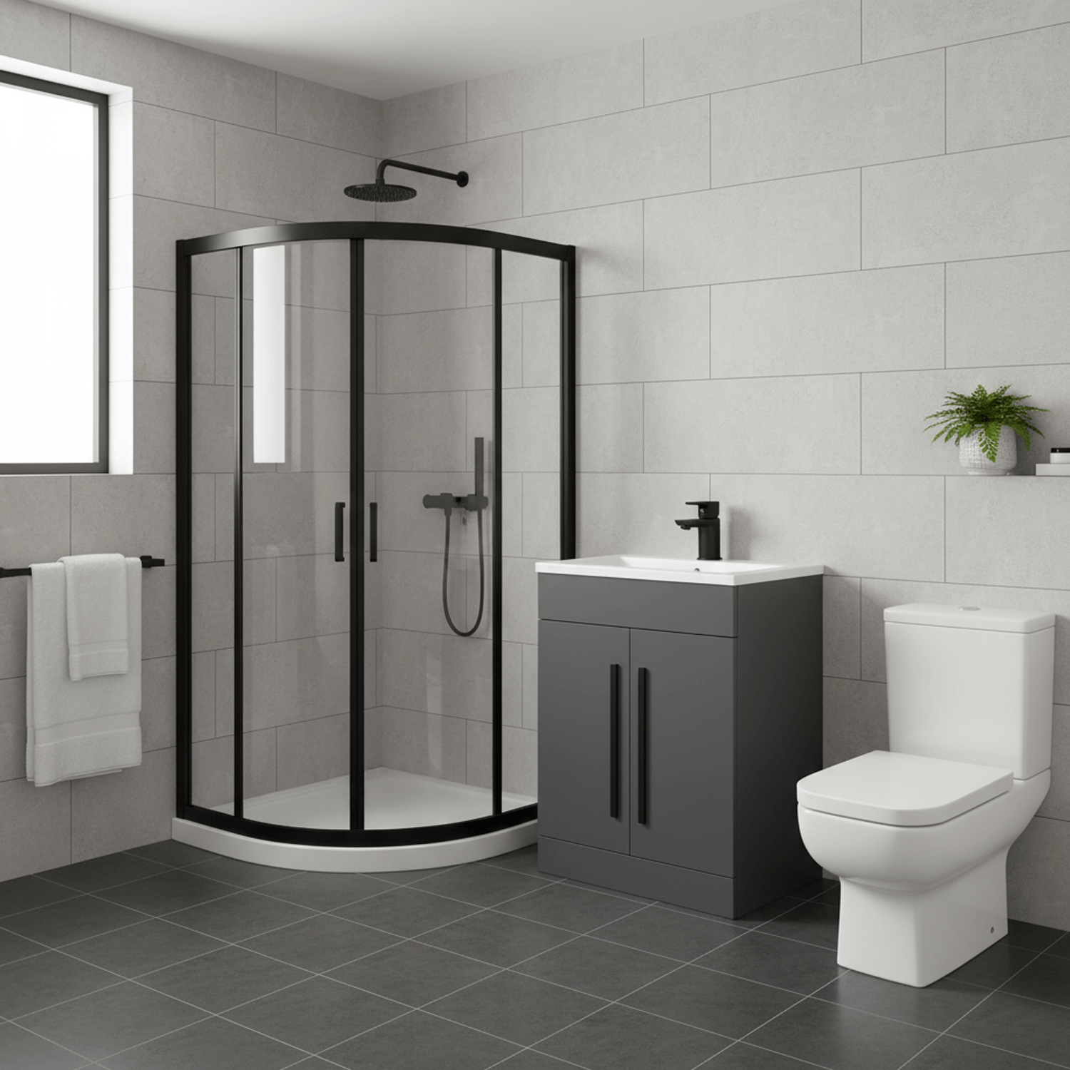 Matt Black Quadrant Shower Enclosure Suite with Grey 600mm Vanity & Toilet
