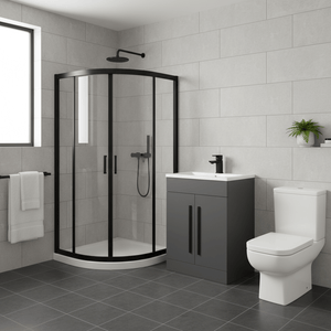 Matt Black Quadrant Shower Enclosure Suite with Grey 600mm Vanity & Toilet