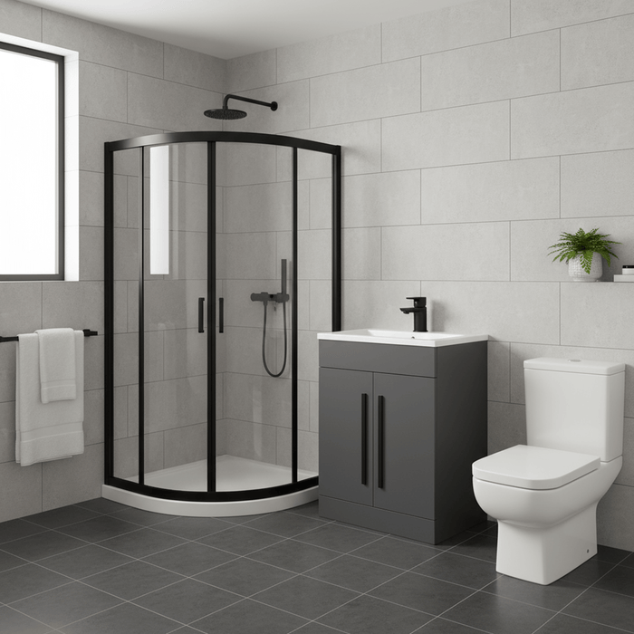 Matt Black Quadrant Shower Enclosure Suite with Grey 600mm Vanity & Toilet