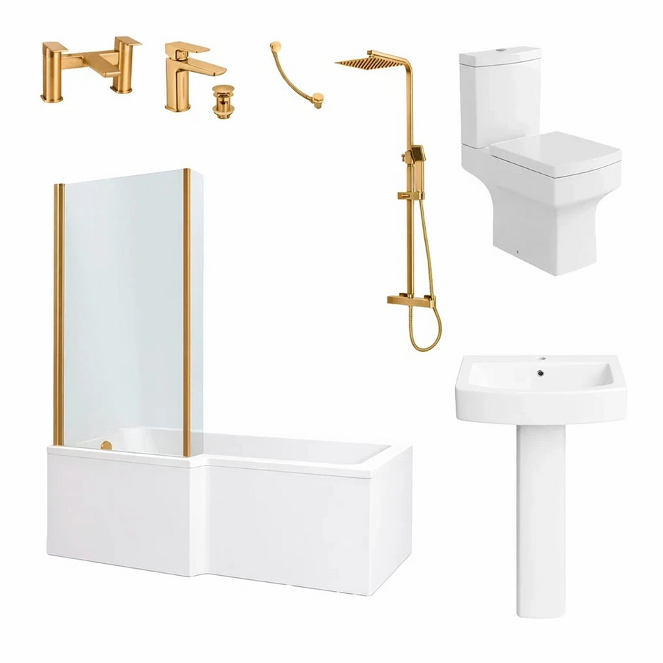 Zyon 1700mm LH L-Shape Shower Bath Suite with Brushed Brass Screen