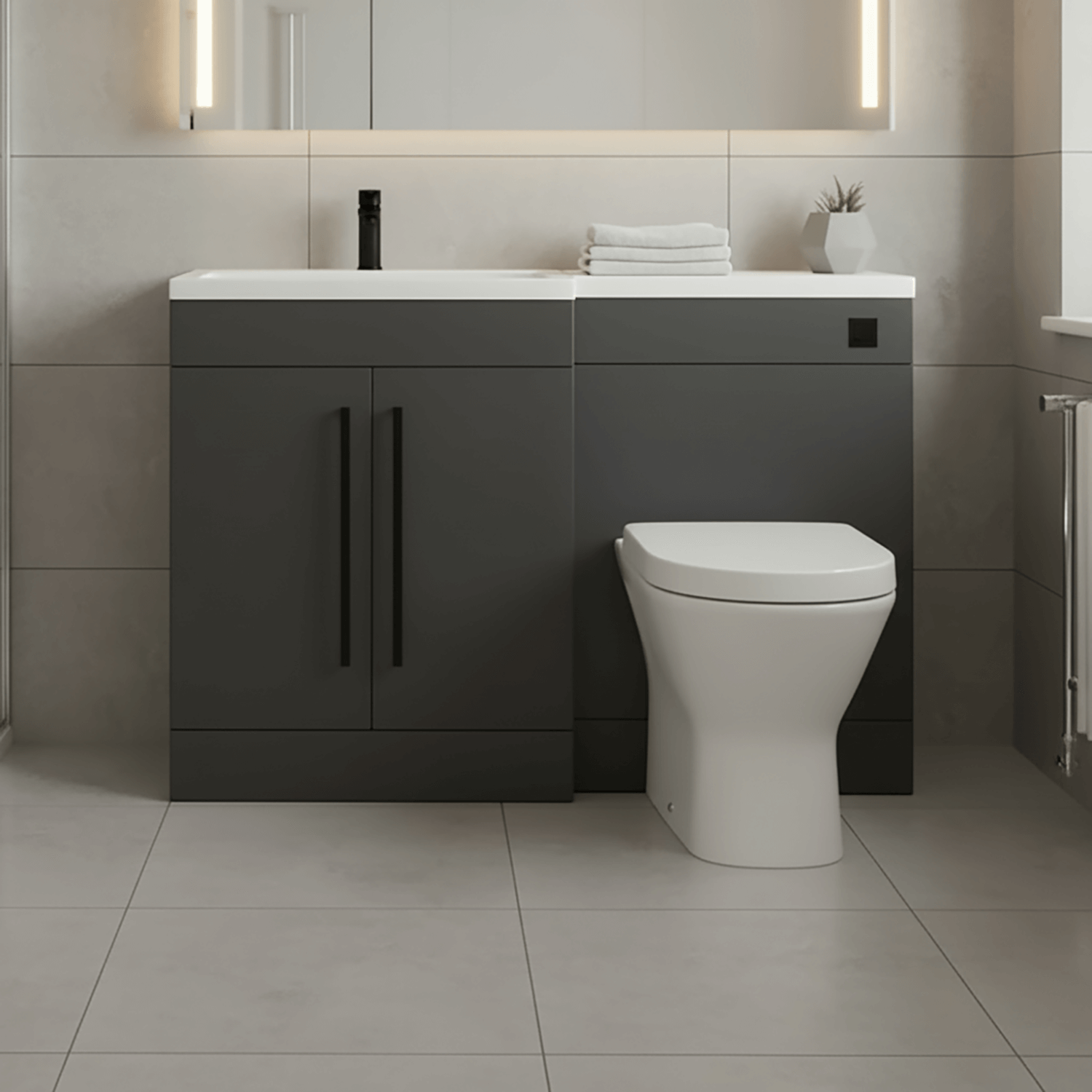 Matt Grey (LH) Combination Basin WC Unit & Marbella BTW Toilet 1100mm Black Handles & Square Flush Plate
