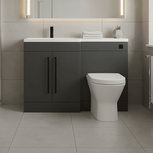 Matt Grey (LH) Combination Basin WC Unit & Marbella BTW Toilet 1100mm Black Handles & Square Flush Plate