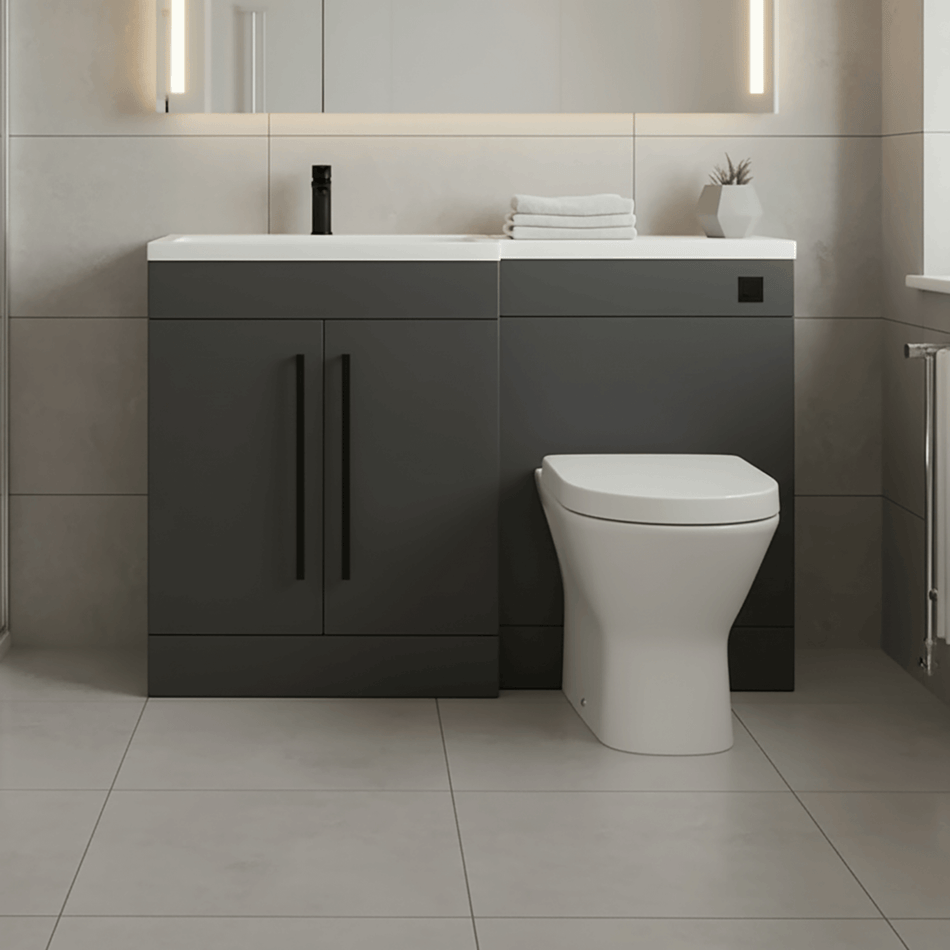 Matt Grey (LH) Combination Basin WC Unit & Marbella BTW Toilet 1100mm Black Handles & Square Flush Plate