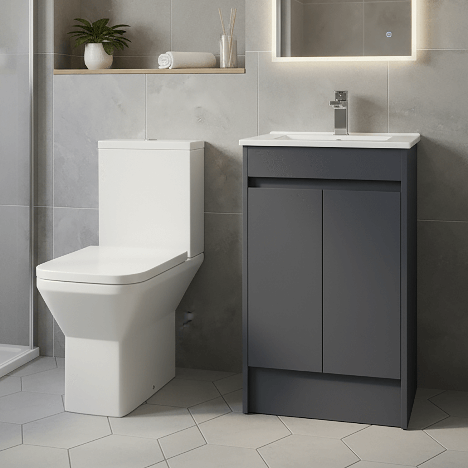 Elite Close Coupled Toilet & 600mm Dark Grey Gloss Waterproof Vanity Unit