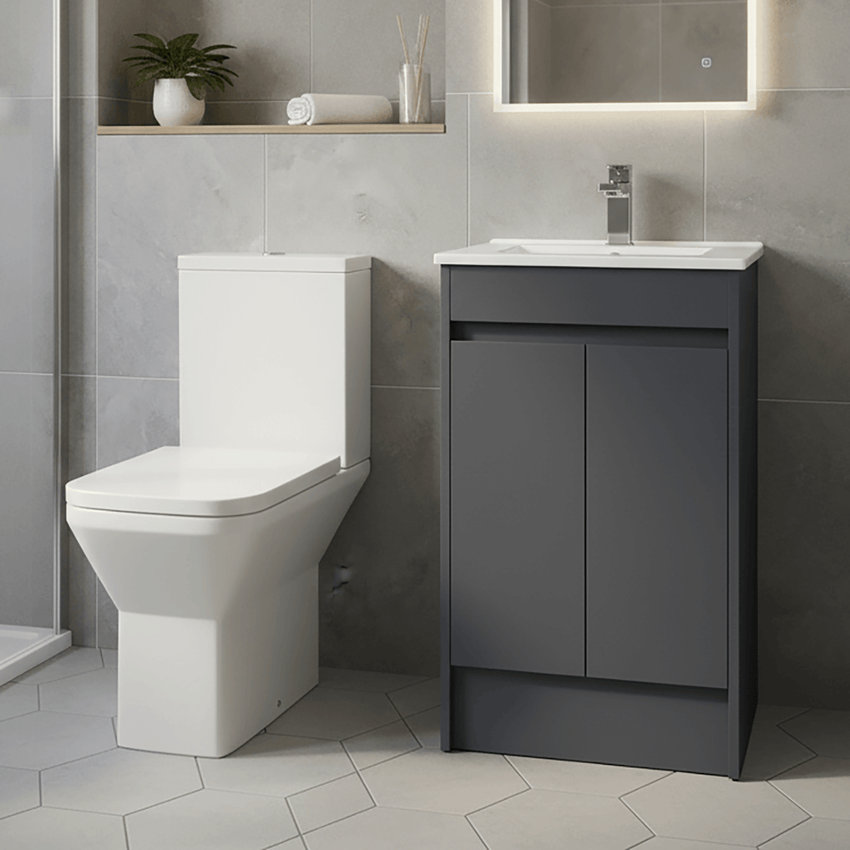 Elite Close Coupled Toilet & 600mm Dark Grey Gloss Waterproof Vanity Unit