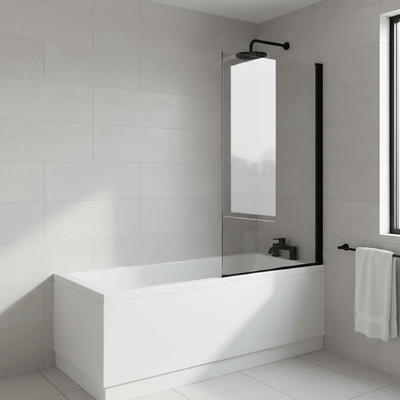 1500x700mm Bath with Hinged Straight Matt Black Shower Bath Screen 1400x800mm