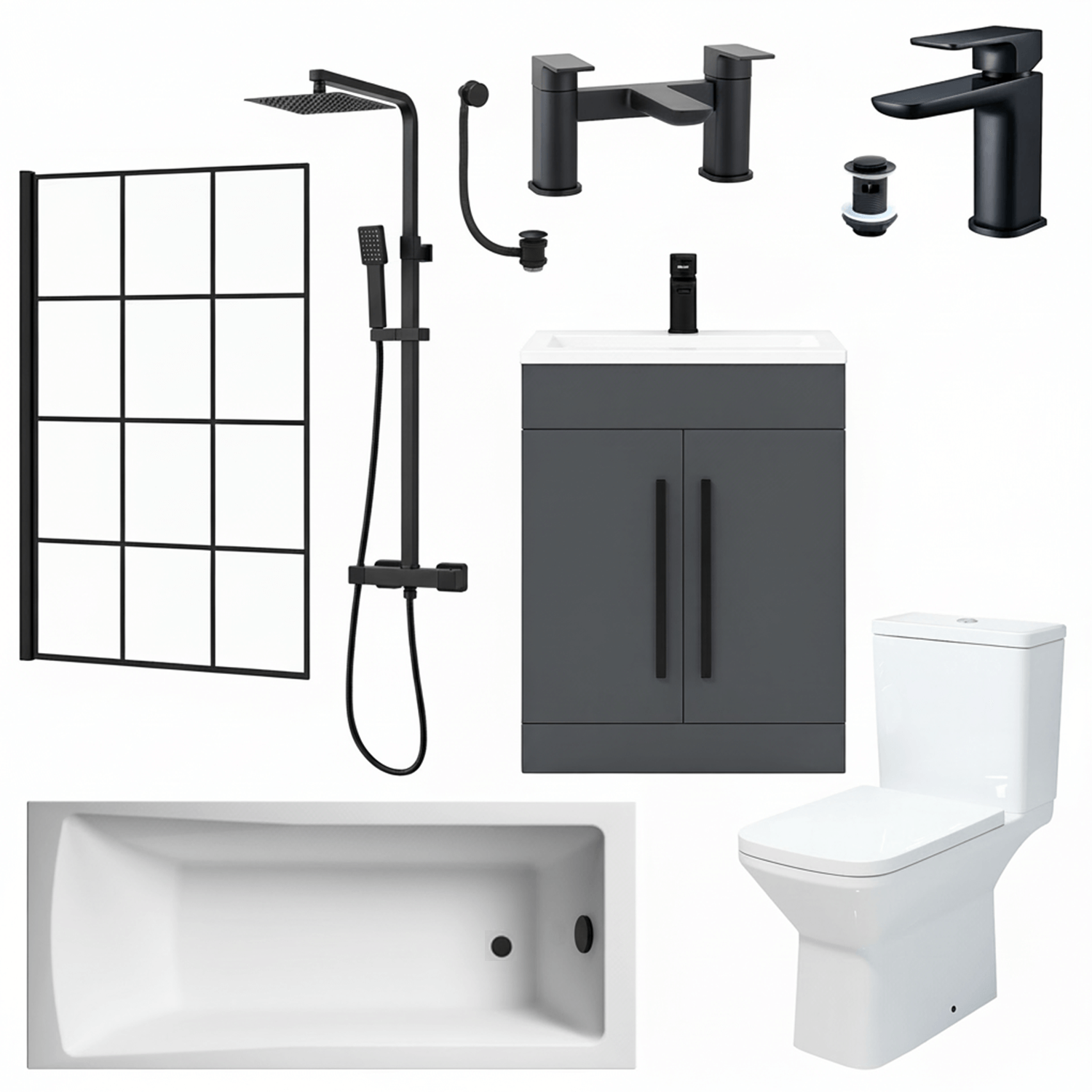 Bathroom Suite Rectangular Bath & Shower, Crittall Shower Screen, Toilet, Grey Vanity & Black Taps