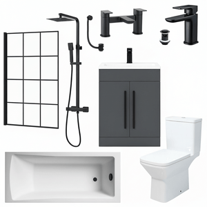 Bathroom Suite Rectangular Bath & Shower, Crittall Shower Screen, Toilet, Grey Vanity & Black Taps