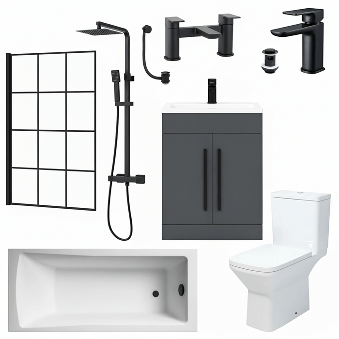 Bathroom Suite Rectangular Bath & Shower, Crittall Shower Screen, Toilet, Grey Vanity & Black Taps