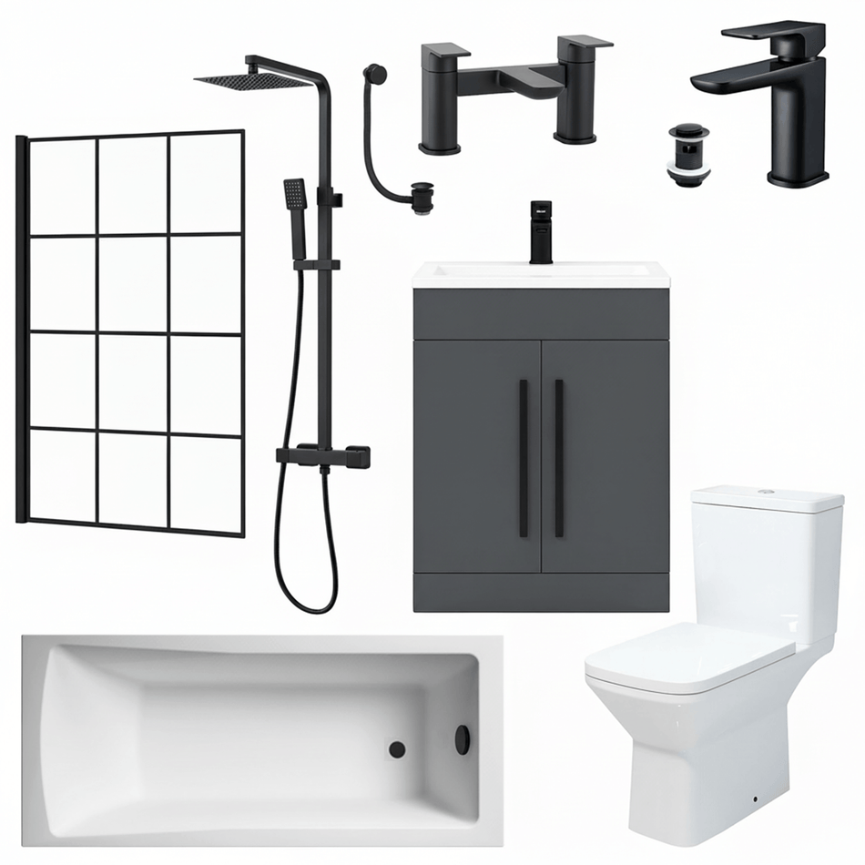 Bathroom Suite Rectangular Bath & Shower, Crittall Shower Screen, Toilet, Grey Vanity & Black Taps