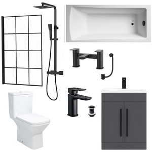 Bathroom Suite Rectangular Bath & Shower, Crittall Shower Screen, Toilet, Grey Vanity & Black Taps