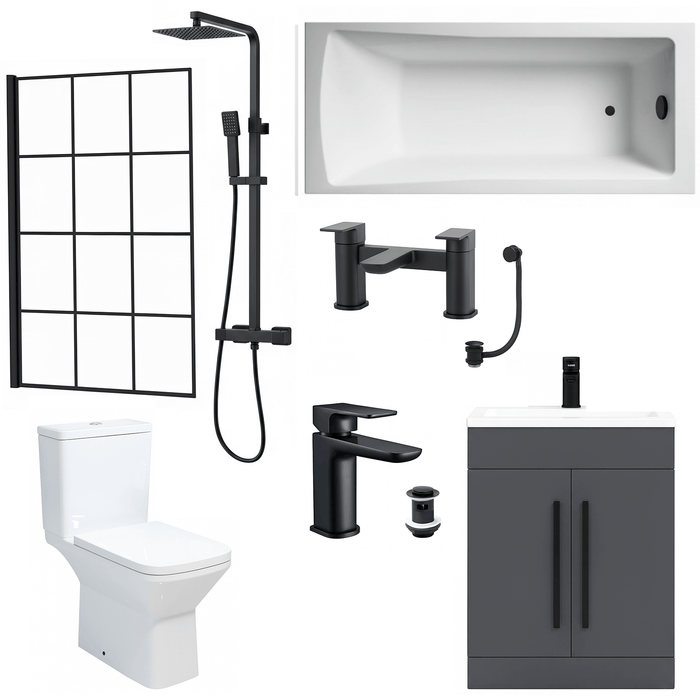 Bathroom Suite Rectangular Bath & Shower, Crittall Shower Screen, Toilet, Grey Vanity & Black Taps