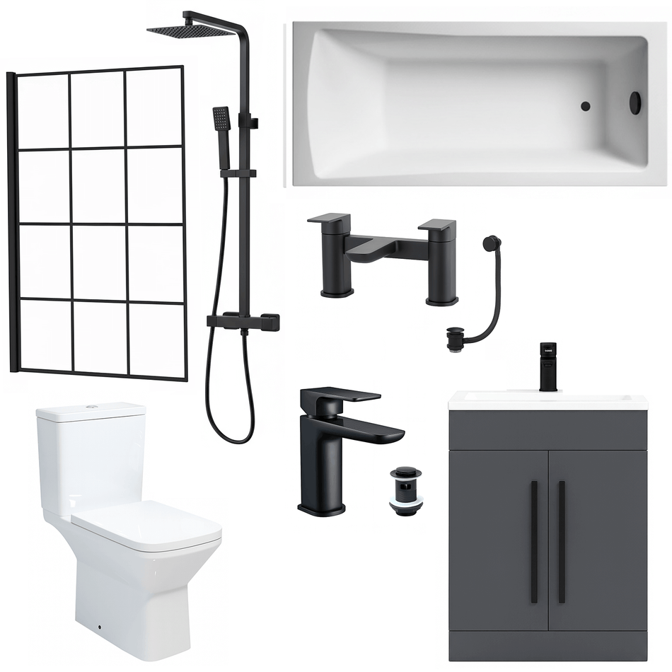 Bathroom Suite Rectangular Bath & Shower, Crittall Shower Screen, Toilet, Grey Vanity & Black Taps