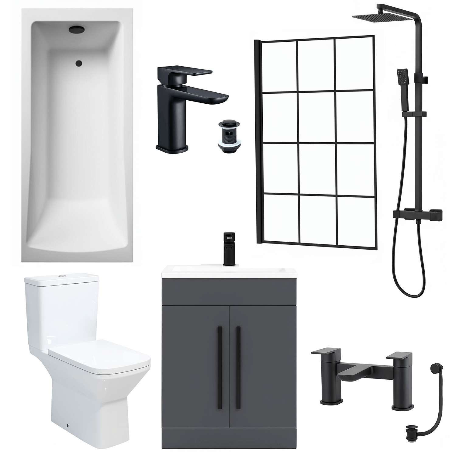Bathroom Suite 1700mm Rectangular Bath & Shower, Crittall Shower Screen, Toilet, Grey Vanity & Black Taps
