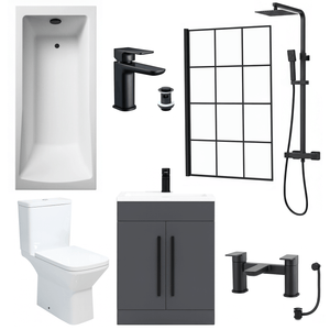 Bathroom Suite 1700mm Rectangular Bath & Shower, Crittall Shower Screen, Toilet, Grey Vanity & Black Taps