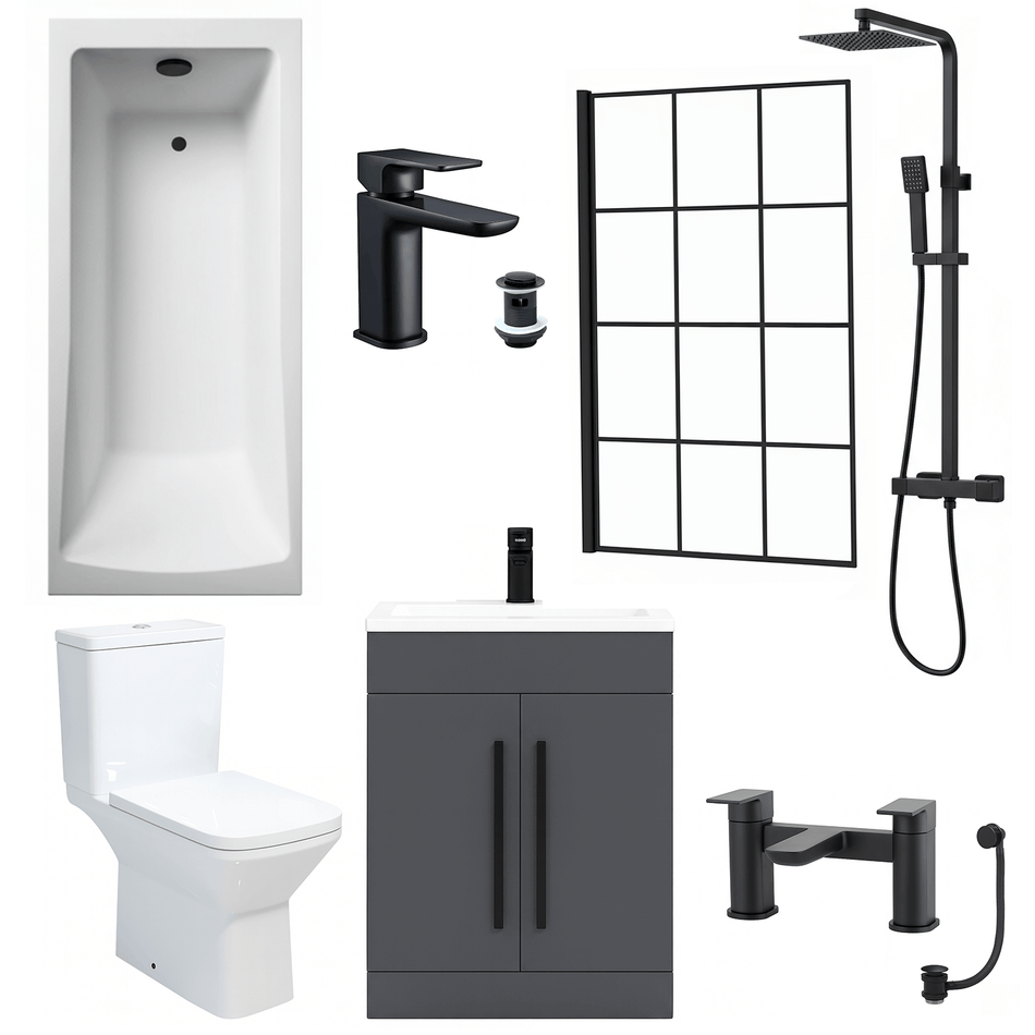 Bathroom Suite 1700mm Rectangular Bath & Shower, Crittall Shower Screen, Toilet, Grey Vanity & Black Taps