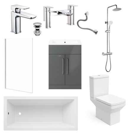 Collection of bathroom fixtures including a sink, toilet, shower head, and cabinets on a white background.