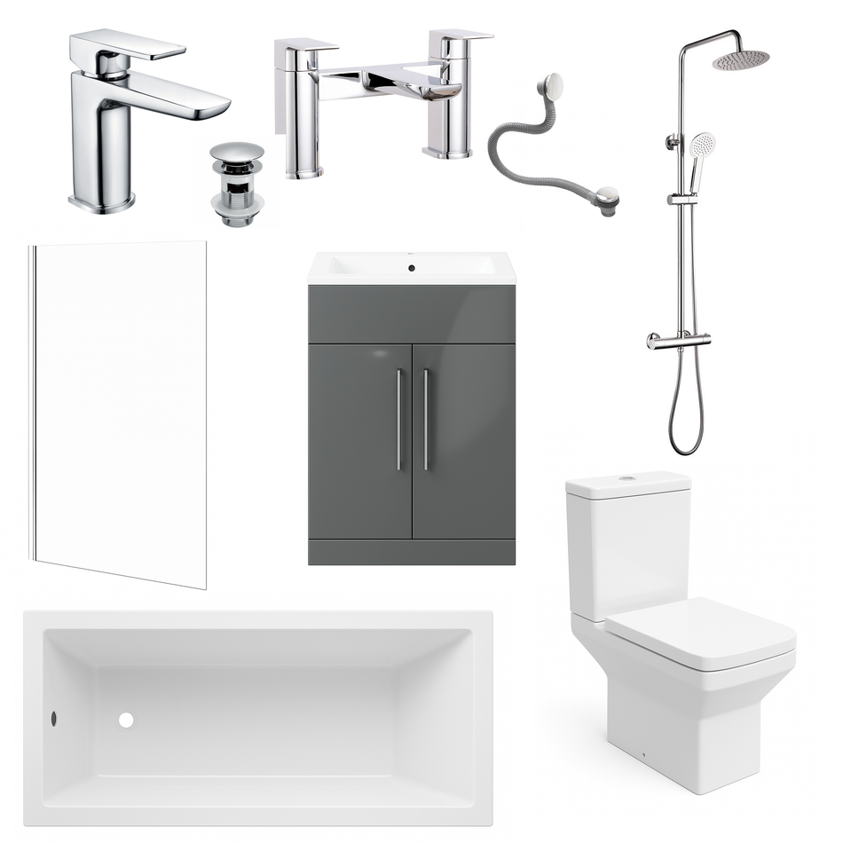 Collection of bathroom fixtures including a sink, toilet, shower head, and cabinets on a white background.