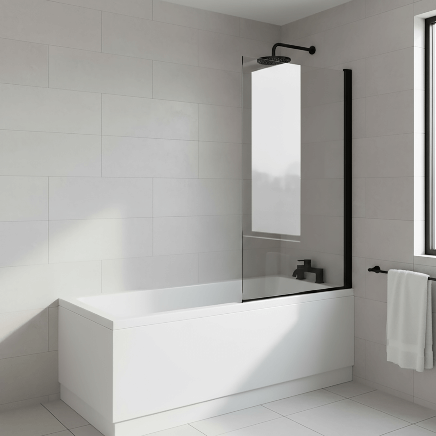 1500 -700 Bath with Hinged Straight Matt Black Shower Bath Screen 1400 -800mm