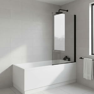 1500 -700 Bath with Hinged Straight Matt Black Shower Bath Screen 1400 -800mm