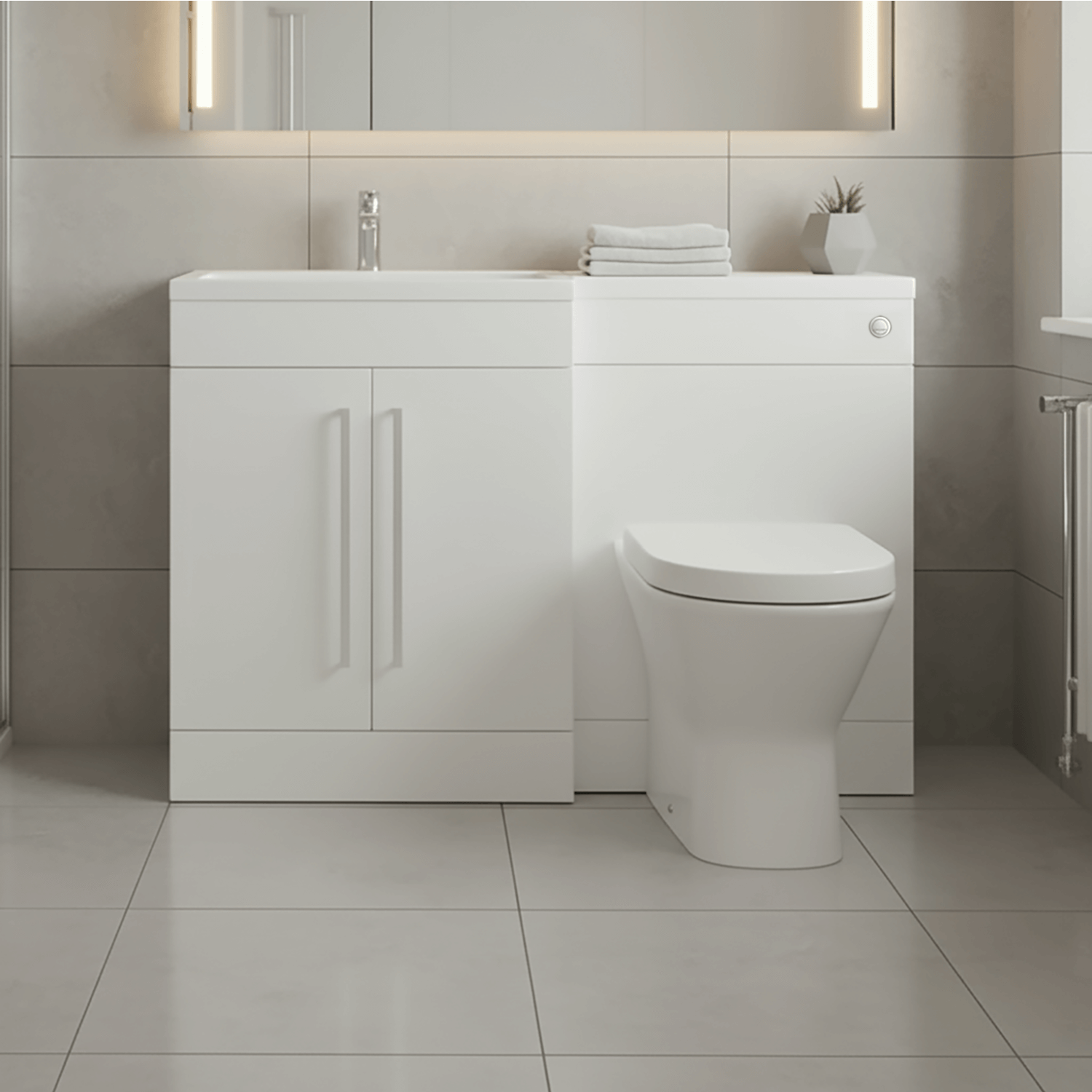Gloss White (LH) Combination Basin WC Unit & Marbella BTW Toilet 1100mm Chrome Handles