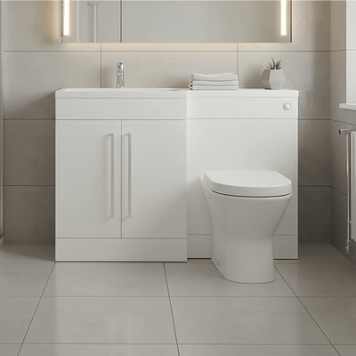 Gloss White (LH) Combination Basin WC Unit & Marbella BTW Toilet 1100mm Chrome Handles