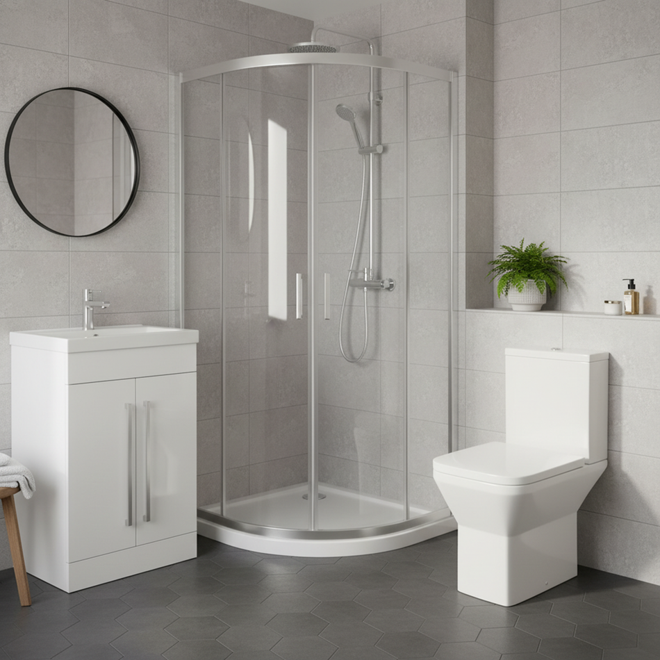 800mm Chrome Quadrant Shower Enclosure, 600mm White Vanity & Elite Toilet