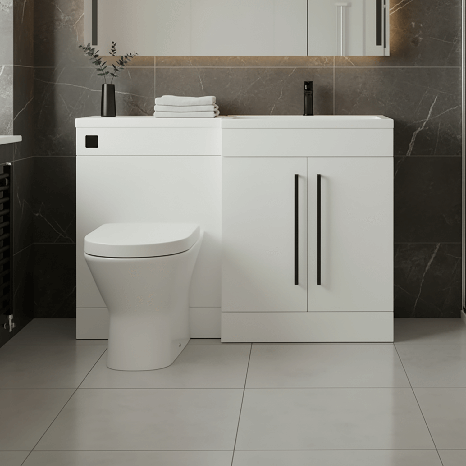 Gloss White (RH) Combination Basin WC Unit & Marbella BTW Toilet 1100mm Black Handles & Square Flush Plate
