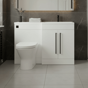 Gloss White (RH) Combination Basin WC Unit & Marbella BTW Toilet 1100mm Black Handles & Square Flush Plate