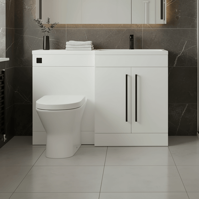 Gloss White (RH) Combination Basin WC Unit & Marbella BTW Toilet 1100mm Black Handles & Square Flush Plate