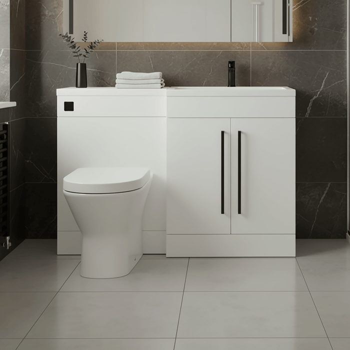 Gloss White (RH) Combination Basin WC Unit & Marbella BTW Toilet 1100mm Black Handles & Square Flush Plate