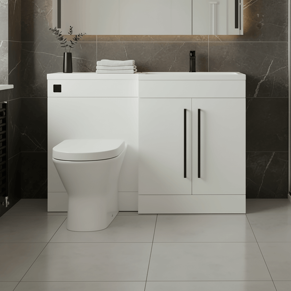 Gloss White (RH) Combination Basin WC Unit & Marbella BTW Toilet 1100mm Black Handles & Square Flush Plate