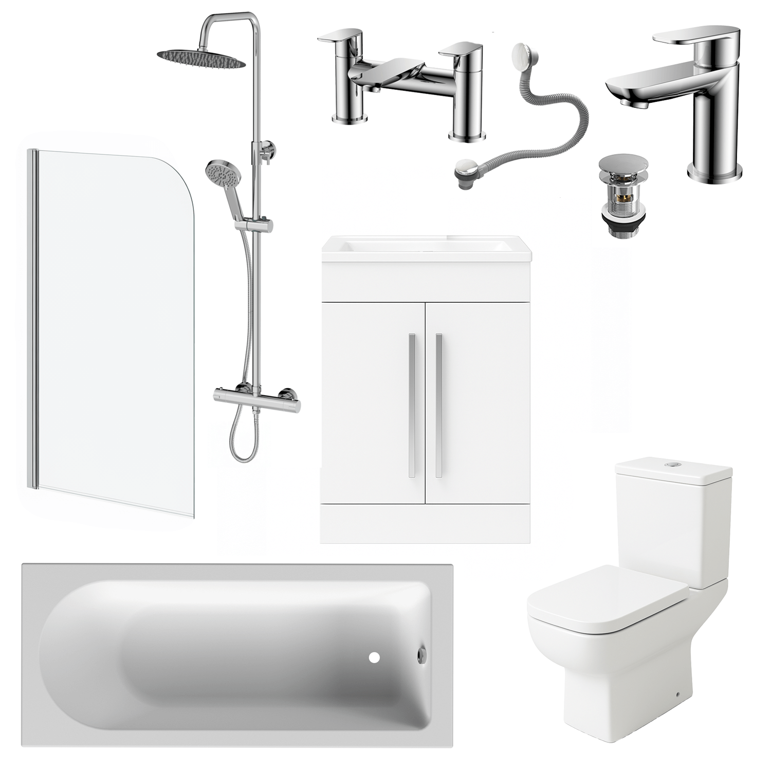 Bathroom Suite Rounded Bath & Shower, Chrome Curved Screen, Toilet, White Vanity & Taps