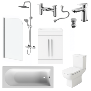Bathroom Suite Rounded Bath & Shower, Chrome Curved Screen, Toilet, White Vanity & Taps