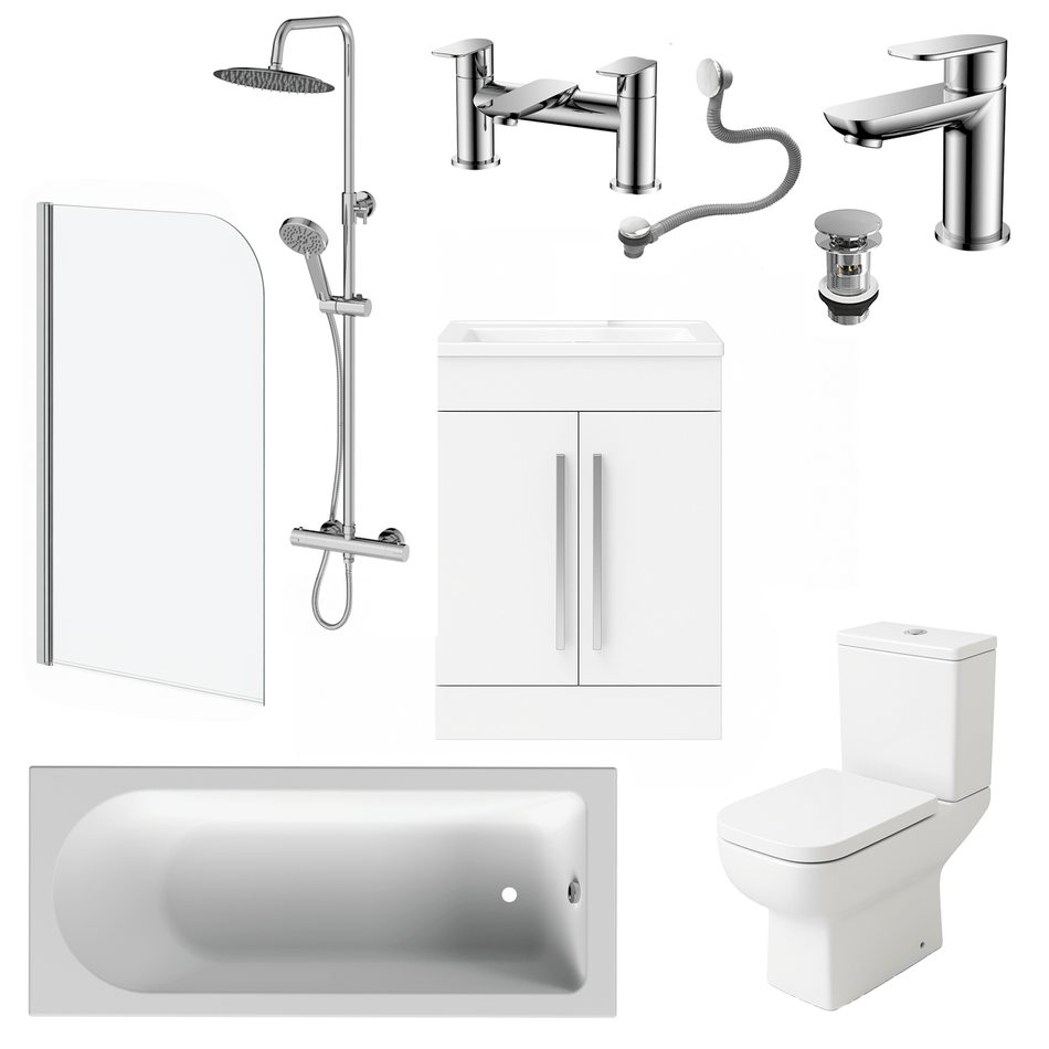 Bathroom Suite Rounded Bath & Shower, Chrome Curved Screen, Toilet, White Vanity & Taps