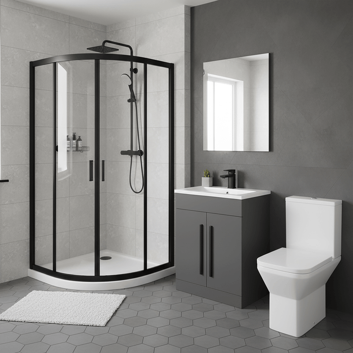 Black Quadrant Shower Enclosure, 600mm Grey Vanity & Elite Toilet