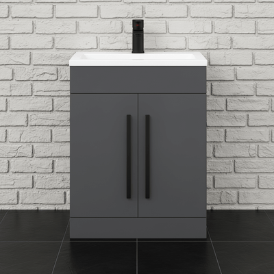 Matt Grey 600mm Floor Standing Vanity Unit with Ceramic Basin & Matt Black Handles