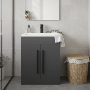 Matt Grey 600mm Floor Standing Vanity Unit with Ceramic Basin & Matt Black Handles