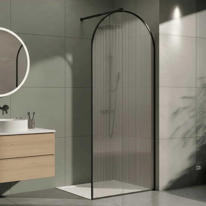Arched Fluted Wet Room Shower Screen, 8mm Black Frame