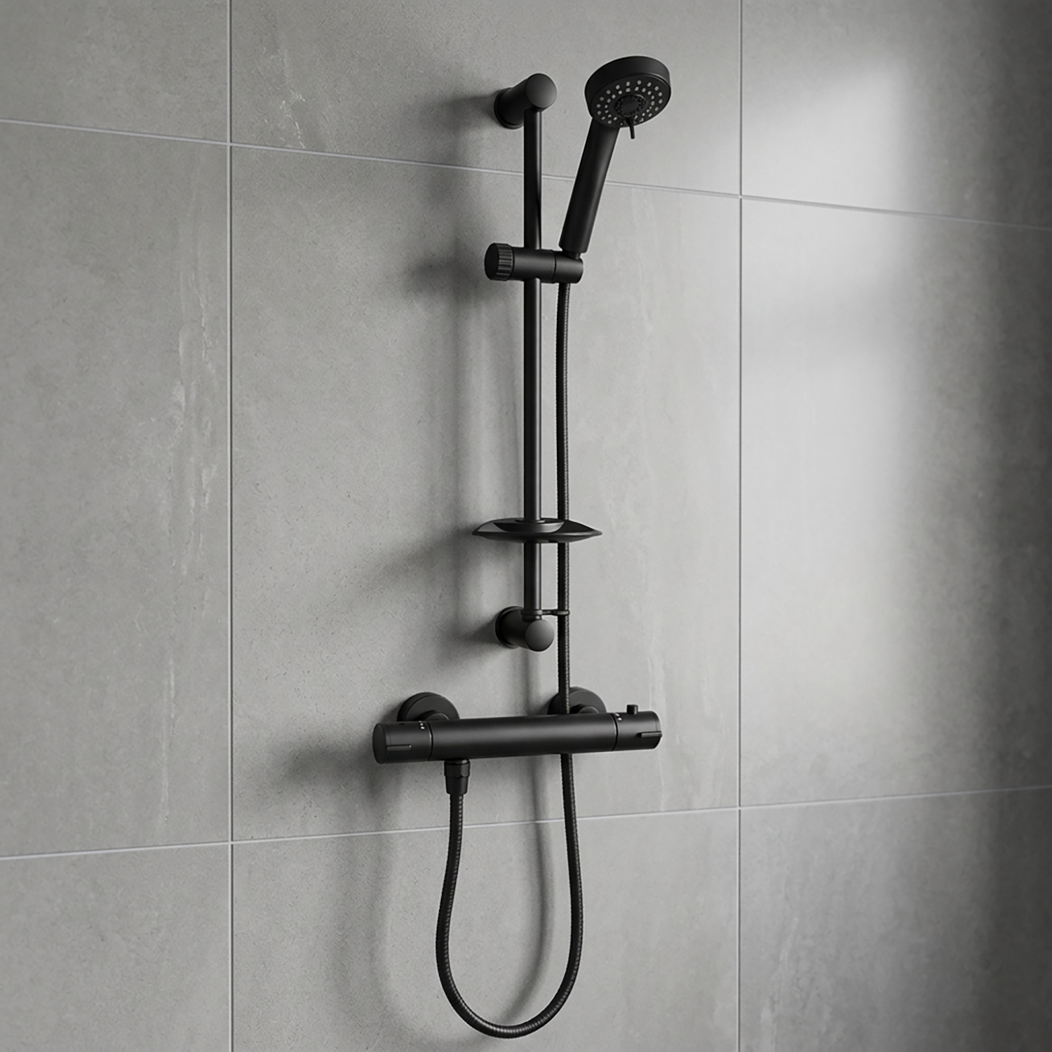 Black Thermostatic Shower Kit Round Riser Rail Adjustable Hose