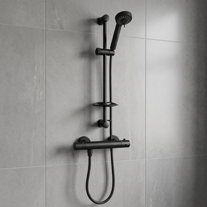 Black Thermostatic Shower Kit Round Riser Rail Adjustable Hose