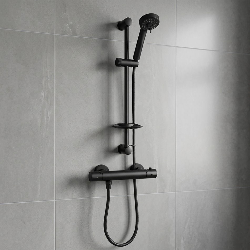 Black Thermostatic Shower Kit Round Riser Rail Adjustable Hose