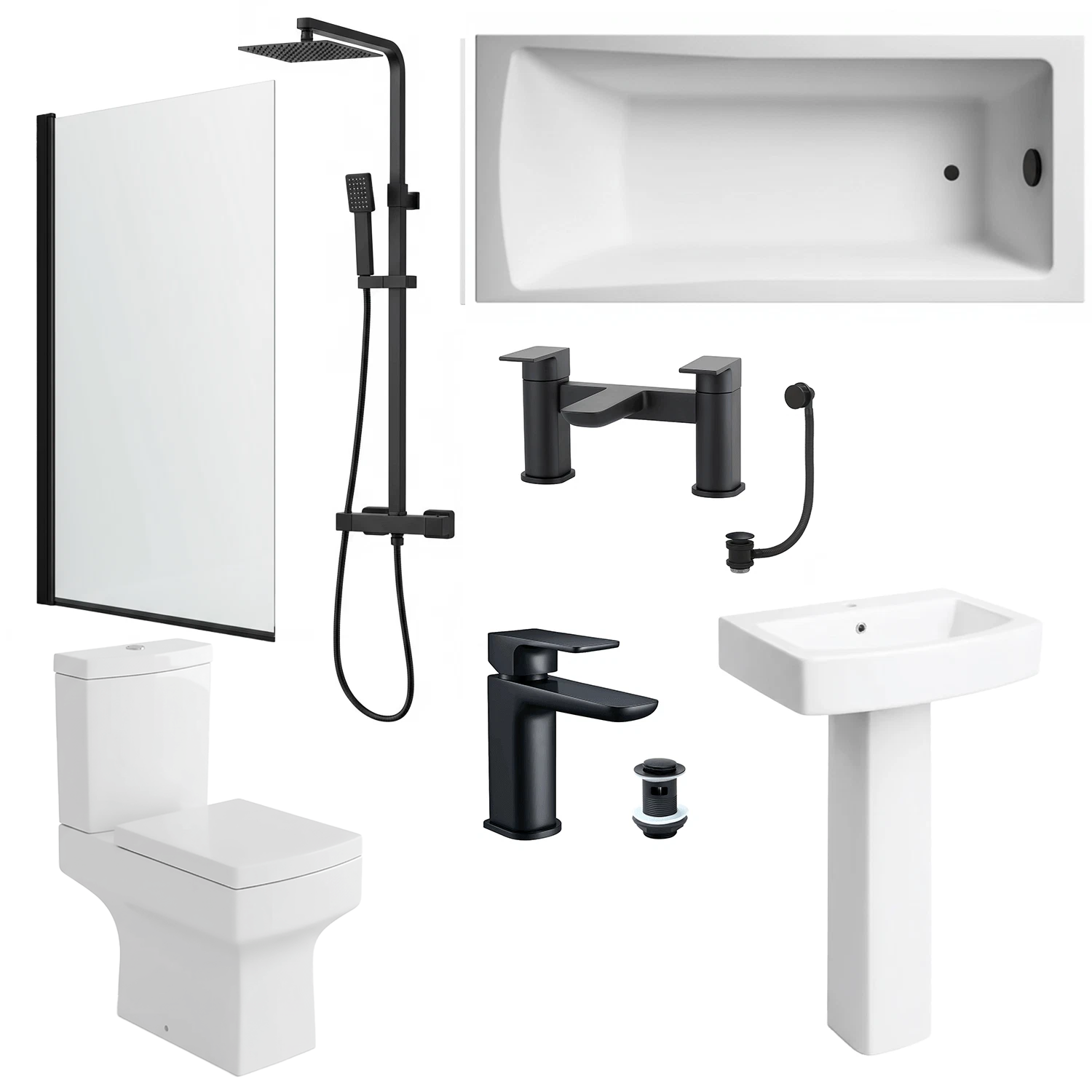 Zyon Bathroom Suite 1700mm Bathtub Black Shower Screen Toilet Pedestal Taps