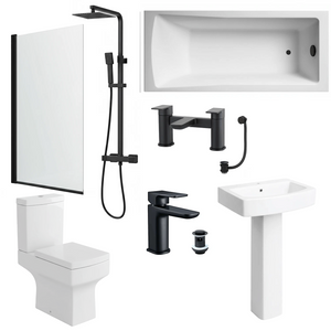 Zyon Bathroom Suite 1700mm Bathtub Black Shower Screen Toilet Pedestal Taps